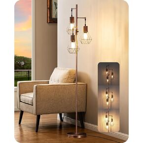EDISHINE Dimmable Industrial Floor Lamp, Farmhouse Standing Lamp for Living Room, Diamond-Shaped Cage, Corner Rustic Rattan Reading Lamps for Bedroom, Office, Black