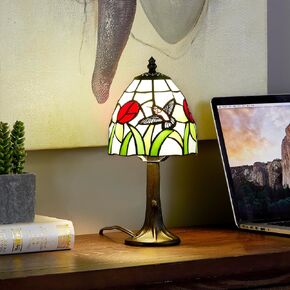 Stained Glass Dragonfly Design Table or Desk Light, Tiffany Style Mini Table Lamp-, LED Bulb Included-Vintage Look Colorful Accent Decor