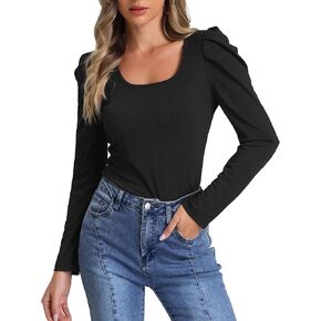 Allegra K Puff Sleeve Top for Women's Square Neck Long Sleeve Casual Basic Ribbed Tunic Blouse