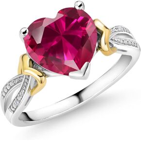 Gem Stone King 925 Sterling Silver and 10K Yellow Gold 10MM Heart Shape Gemstone Birthstone and Diamond Engagement Ring For Women | Available In Size 5, 6, 7, 8, 9