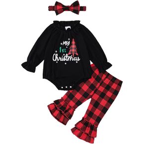 Ovmxqso Newborn Baby Girl My First Christmas Outfits Letter Tree Print Pleated Ruffle Romper Flared Pants+Bow Headband in Kuwait