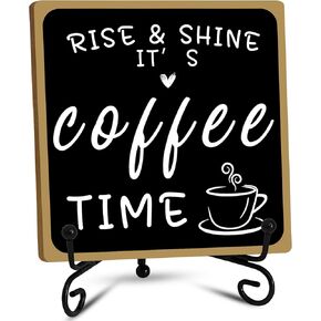 Wooden Coffee Bar Sign Coffee Bar Decor, Coffee Bar Decorations Black and White with Iron Stand Bar Tabletop Shelf Accessories, Coffee Signs Decors for Coffee Station Home Farmhouse Kitchen & Office