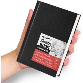 Mixed Media Art Sketchbook, 4 x 6 inches, 100 Sheets/200 Pages 125 GSM Acid-Free Beige Drawing Papers, Small Hardcover Art Journal Sketchbook for All Artists or Beginners.Black
