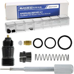 Master Elite Plus Airbrush Rebuild Kit - for Repair and Maintenance of Model 120 Airbrush - Contains Essential Airbrush Replacement Parts - Tool, Inlet Valve, O-Rings, Springs, Needle Guide, and Cap
