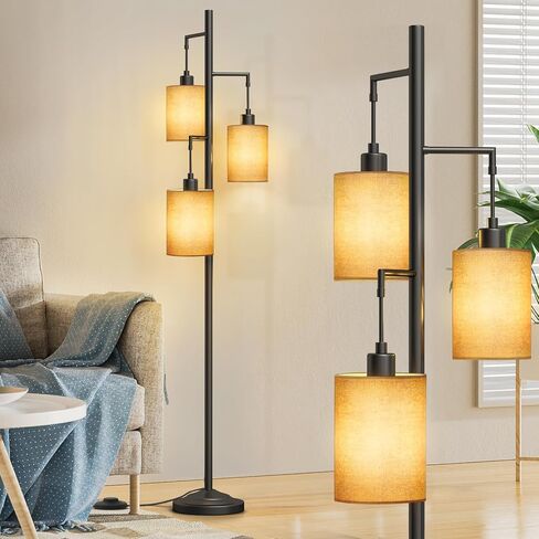 3 Lights Rattan Floor Lamps with ON/Off Foot Switch Tree Standing Lamp with Wood Rattan Lampshades Boho Floor Lamp Tall Pole Lamp for Living Room Bedroom Office, 3 PCS 6W Bulbs Included in Saudi Arabia