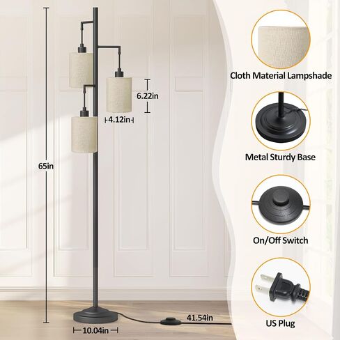 3 Lights Rattan Floor Lamps with ON/Off Foot Switch Tree Standing Lamp with Wood Rattan Lampshades Boho Floor Lamp Tall Pole Lamp for Living Room Bedroom Office, 3 PCS 6W Bulbs Included in Saudi Arabia