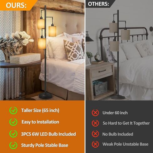 3 Lights Rattan Floor Lamps with ON/Off Foot Switch Tree Standing Lamp with Wood Rattan Lampshades Boho Floor Lamp Tall Pole Lamp for Living Room Bedroom Office, 3 PCS 6W Bulbs Included in Saudi Arabia