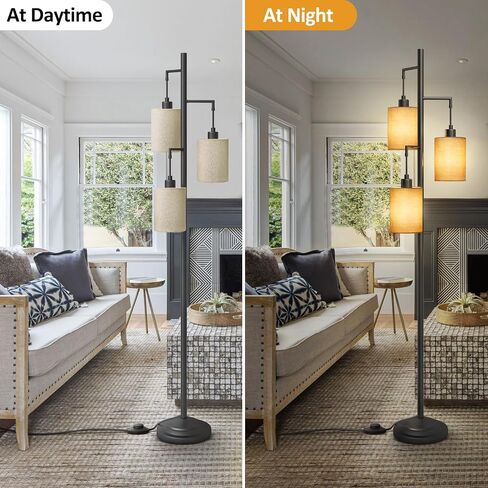3 Lights Rattan Floor Lamps with ON/Off Foot Switch Tree Standing Lamp with Wood Rattan Lampshades Boho Floor Lamp Tall Pole Lamp for Living Room Bedroom Office, 3 PCS 6W Bulbs Included in Saudi Arabia