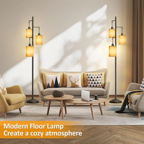 3 Lights Rattan Floor Lamps with ON/Off Foot Switch Tree Standing Lamp with Wood Rattan Lampshades Boho Floor Lamp Tall Pole Lamp for Living Room Bedroom Office, 3 PCS 6W Bulbs Included in Saudi Arabia