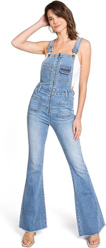 Womens Juniors Zipper Bib Star Print Jean Jumpsuit Bell Bottom Flare Overalls in Saudi Arabia
