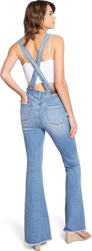 Womens Juniors Zipper Bib Star Print Jean Jumpsuit Bell Bottom Flare Overalls in Saudi Arabia