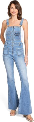 Womens Juniors Zipper Bib Star Print Jean Jumpsuit Bell Bottom Flare Overalls in Saudi Arabia