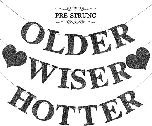 Black Birthday Decorations - Older Wiser Hotter Banner [Pre-Strung], Fufuddz Funny Shiny Glitter Happy Birthday Sign Party Decor Backdrop Supplies for Men Women 21st 25th 30th 40th 50th 60th 70th 80th in Saudi Arabia