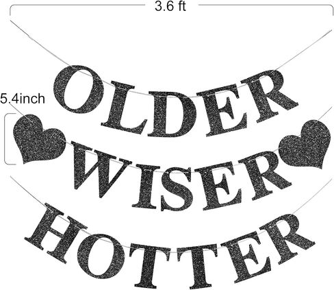 Black Birthday Decorations - Older Wiser Hotter Banner [Pre-Strung], Fufuddz Funny Shiny Glitter Happy Birthday Sign Party Decor Backdrop Supplies for Men Women 21st 25th 30th 40th 50th 60th 70th 80th in Saudi Arabia
