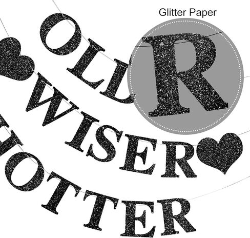 Black Birthday Decorations - Older Wiser Hotter Banner [Pre-Strung], Fufuddz Funny Shiny Glitter Happy Birthday Sign Party Decor Backdrop Supplies for Men Women 21st 25th 30th 40th 50th 60th 70th 80th in Saudi Arabia