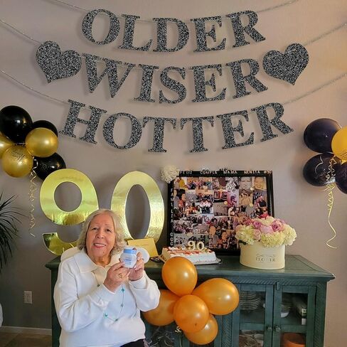 Black Birthday Decorations - Older Wiser Hotter Banner [Pre-Strung], Fufuddz Funny Shiny Glitter Happy Birthday Sign Party Decor Backdrop Supplies for Men Women 21st 25th 30th 40th 50th 60th 70th 80th in Saudi Arabia