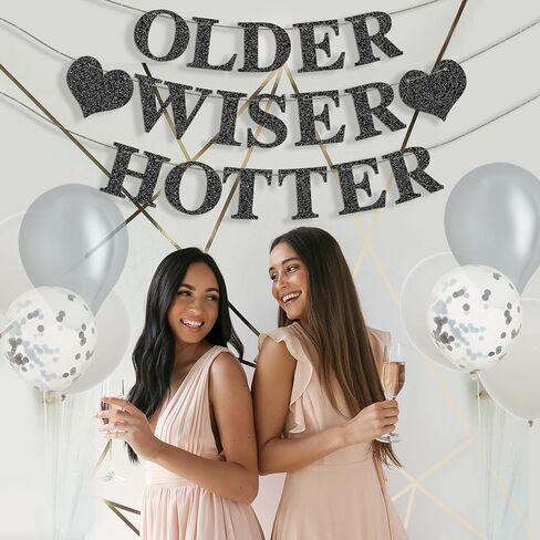 Black Birthday Decorations - Older Wiser Hotter Banner [Pre-Strung], Fufuddz Funny Shiny Glitter Happy Birthday Sign Party Decor Backdrop Supplies for Men Women 21st 25th 30th 40th 50th 60th 70th 80th in Saudi Arabia