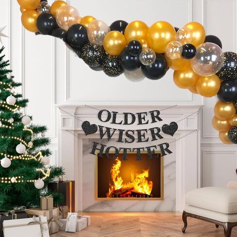 Black Birthday Decorations - Older Wiser Hotter Banner [Pre-Strung], Fufuddz Funny Shiny Glitter Happy Birthday Sign Party Decor Backdrop Supplies for Men Women 21st 25th 30th 40th 50th 60th 70th 80th in Saudi Arabia