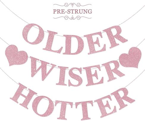 Black Birthday Decorations - Older Wiser Hotter Banner [Pre-Strung], Fufuddz Funny Shiny Glitter Happy Birthday Sign Party Decor Backdrop Supplies for Men Women 21st 25th 30th 40th 50th 60th 70th 80th in Saudi Arabia
