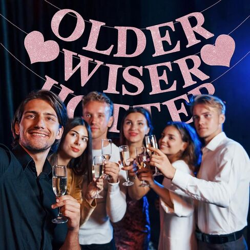 Black Birthday Decorations - Older Wiser Hotter Banner [Pre-Strung], Fufuddz Funny Shiny Glitter Happy Birthday Sign Party Decor Backdrop Supplies for Men Women 21st 25th 30th 40th 50th 60th 70th 80th in Saudi Arabia