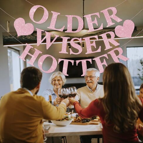 Black Birthday Decorations - Older Wiser Hotter Banner [Pre-Strung], Fufuddz Funny Shiny Glitter Happy Birthday Sign Party Decor Backdrop Supplies for Men Women 21st 25th 30th 40th 50th 60th 70th 80th in Saudi Arabia