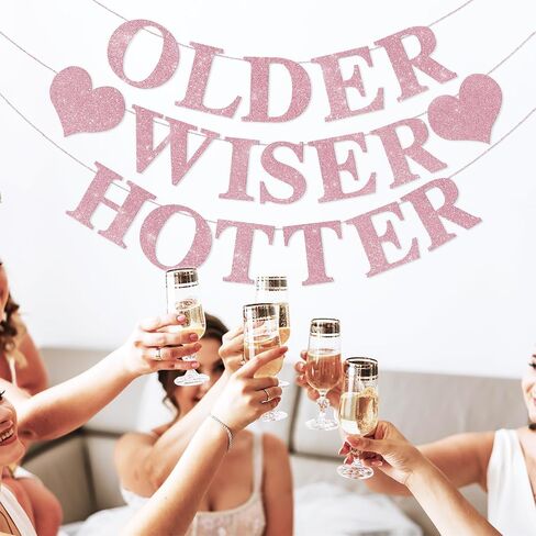 Black Birthday Decorations - Older Wiser Hotter Banner [Pre-Strung], Fufuddz Funny Shiny Glitter Happy Birthday Sign Party Decor Backdrop Supplies for Men Women 21st 25th 30th 40th 50th 60th 70th 80th in Saudi Arabia