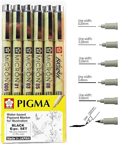 Sakura Pigma Micron Drawing Pen Set, Black fineliner Manga Pen (003, 005, 01, 03, 05, 08 tip) Drawing Set - Include Index Tape in Saudi Arabia