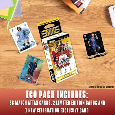 Topps Match Attax 2024-2025 Soccer Cards Eco Pack + Random Mega Tin + 100 Card Protectors, 83 Cards - 6 Exclusive Limited Edition Cards + New Classic Celebration Exclusive Card in Kuwait