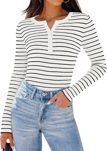 ZESICA Womens Long Sleeve Striped Shirts V Neck Button Up Sweater Casual Loose Basic Tops 2024 Trendy Fall Clothes in Saudi Arabia