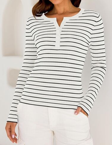 ZESICA Womens Long Sleeve Striped Shirts V Neck Button Up Sweater Casual Loose Basic Tops 2024 Trendy Fall Clothes in Saudi Arabia