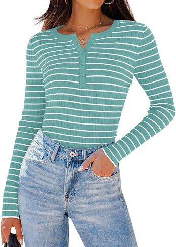 ZESICA Womens Long Sleeve Striped Shirts V Neck Button Up Sweater Casual Loose Basic Tops 2024 Trendy Fall Clothes in Saudi Arabia