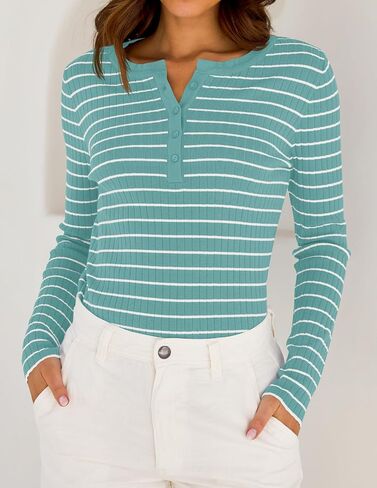 ZESICA Womens Long Sleeve Striped Shirts V Neck Button Up Sweater Casual Loose Basic Tops 2024 Trendy Fall Clothes in Saudi Arabia