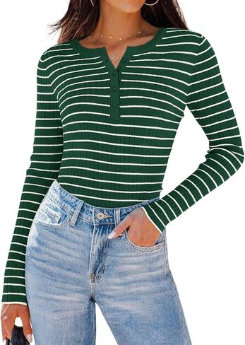 ZESICA Womens Long Sleeve Striped Shirts V Neck Button Up Sweater Casual Loose Basic Tops 2024 Trendy Fall Clothes in Kuwait