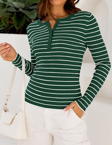ZESICA Womens Long Sleeve Striped Shirts V Neck Button Up Sweater Casual Loose Basic Tops 2024 Trendy Fall Clothes in Kuwait