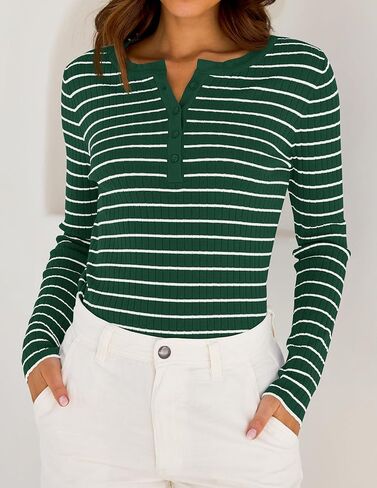 ZESICA Womens Long Sleeve Striped Shirts V Neck Button Up Sweater Casual Loose Basic Tops 2024 Trendy Fall Clothes in Kuwait