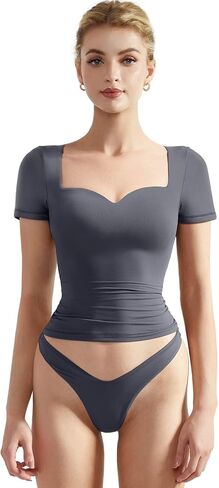 SUUKSESS Women Double Lined Fitted Basic Tee Sweetheart Neck Short Sleeve Y2K Crop Top in Kuwait