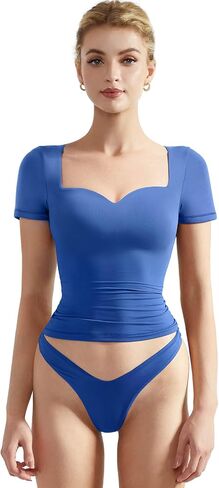 SUUKSESS Women Double Lined Fitted Basic Tee Sweetheart Neck Short Sleeve Y2K Crop Top in Kuwait
