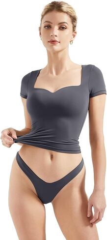 SUUKSESS Women Double Lined Fitted Basic Tee Sweetheart Neck Short Sleeve Y2K Crop Top in Kuwait