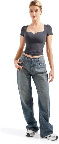 SUUKSESS Women Double Lined Fitted Basic Tee Sweetheart Neck Short Sleeve Y2K Crop Top in Kuwait