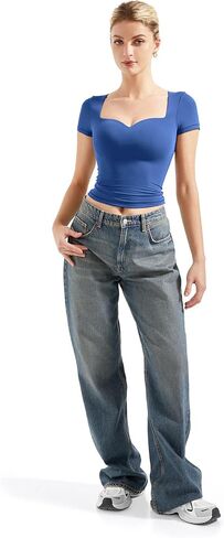SUUKSESS Women Double Lined Fitted Basic Tee Sweetheart Neck Short Sleeve Y2K Crop Top in Kuwait