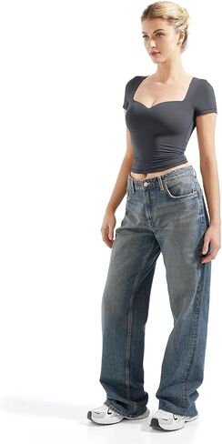 SUUKSESS Women Double Lined Fitted Basic Tee Sweetheart Neck Short Sleeve Y2K Crop Top in Kuwait