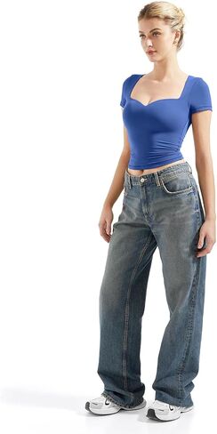 SUUKSESS Women Double Lined Fitted Basic Tee Sweetheart Neck Short Sleeve Y2K Crop Top in Kuwait