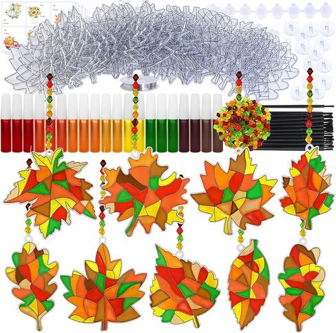 Winlyn 27 Sets Fall Leaf Suncatchers Ornaments DIY Window Paint Art Fall Craft Kits Maple Leaf Sun Catchers Painting Kits for Kids Classroom Activities Art Project Thanksgiving Autumn Party Decoration in Saudi Arabia