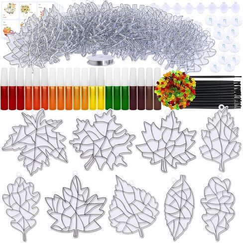 Winlyn 27 Sets Fall Leaf Suncatchers Ornaments DIY Window Paint Art Fall Craft Kits Maple Leaf Sun Catchers Painting Kits for Kids Classroom Activities Art Project Thanksgiving Autumn Party Decoration in Saudi Arabia