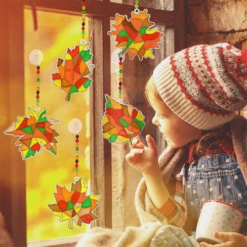 Winlyn 27 Sets Fall Leaf Suncatchers Ornaments DIY Window Paint Art Fall Craft Kits Maple Leaf Sun Catchers Painting Kits for Kids Classroom Activities Art Project Thanksgiving Autumn Party Decoration in Saudi Arabia