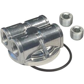 15756 Oil Filter Adapter, Bypass, Block Mount, 20 x 1.5 mm Center Thread, 1/2 in NPT Inlets, 1/2 in NPT Outlets, Aluminum, Polished, Kit