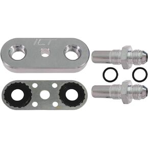 ICT Billet Transmission Cooler Line Adapter Plate with Gasket 6AN Fittings Compatible with 6L80E 6L90E 8L90E Factory Oil Seal Line Connector for Custom Braided Hose Set 551121-6AN