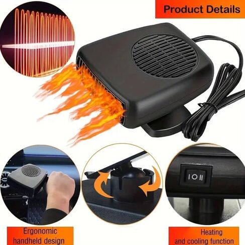 سخان السيارة، مزيل ضباب الزجاج الأمامي المحمول بقدرة 200 واط ومزيل الصقيع بقدرة 200 واط، مراوح تسخين وتبريد سريعة، وضعان في 1 مع قابس ولاعة السجائر وقاعدة دوارة 360 درجة (12 فولت 200 واط) in Kuwait