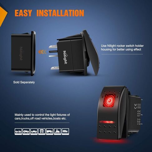 Nilight 6PCS 5PIN SPST Rocker Switches مع 6 مجموعات من أسلاك التوصيل مجموعة 20A / 12V 10A / 24V تشغيل / إيقاف تبديل مفاتيح مع ملصق توهج ليلي للشاحنات والقوارب والدراجات النارية السيارات، ضمان لمدة عامين (90131F)، أزرق in Kuwait