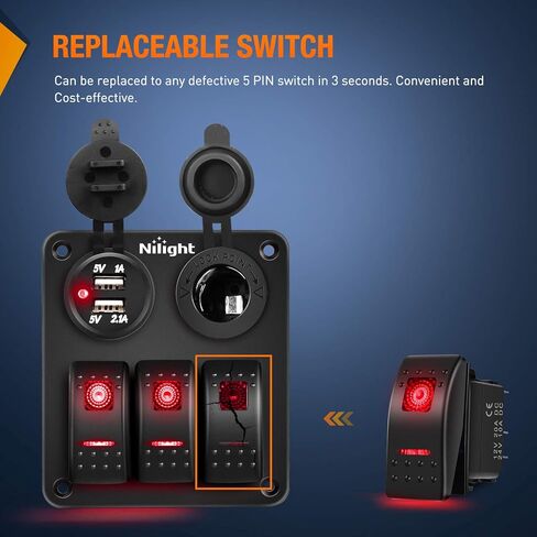 Nilight 6PCS 5PIN SPST Rocker Switches مع 6 مجموعات من أسلاك التوصيل مجموعة 20A / 12V 10A / 24V تشغيل / إيقاف تبديل مفاتيح مع ملصق توهج ليلي للشاحنات والقوارب والدراجات النارية السيارات، ضمان لمدة عامين (90131F)، أزرق in Kuwait